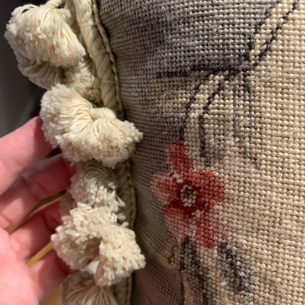 Vintage Needlepoint Basket of flowers Throw Pillow 20x20